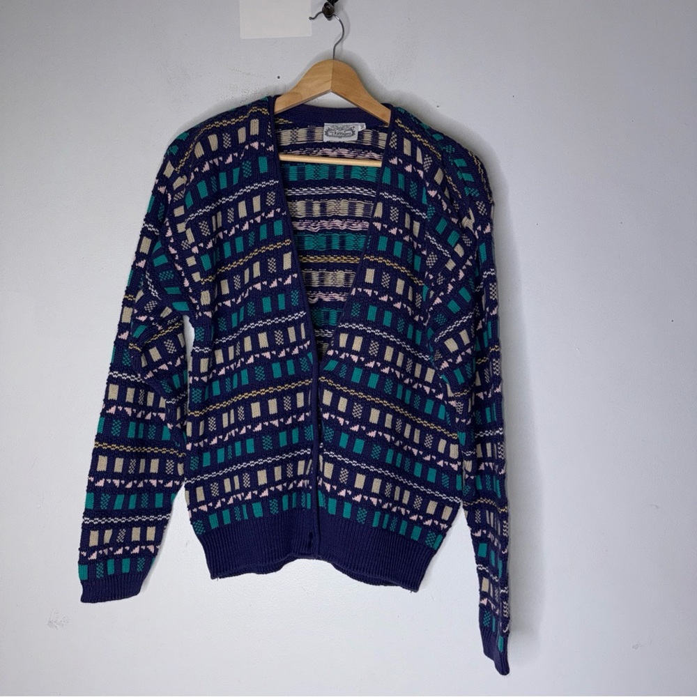 Vintage Villager Blue Geometric V Neck Button Down‎ Cotton Cardigan Medium
